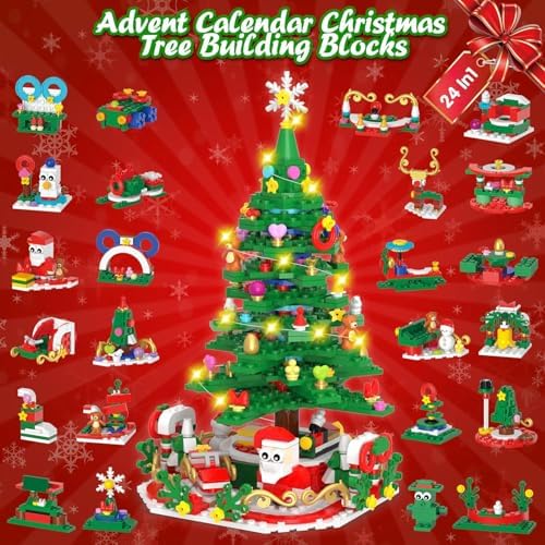Advent Calendar 2025 for Kids Adults Teens, Christmas Countdown Calendar Compatible with Lego Christmas Tree with 2 Modes Play- Christmas Tree Building Blocks or 24 Small Models, Christmas Decor Xmax Gifts for Boys Girls