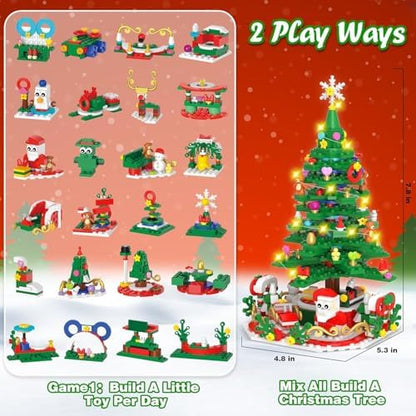 Advent Calendar 2025 for Kids Adults Teens, Christmas Countdown Calendar Compatible with Lego Christmas Tree with 2 Modes Play- Christmas Tree Building Blocks or 24 Small Models, Christmas Decor Xmax Gifts for Boys Girls