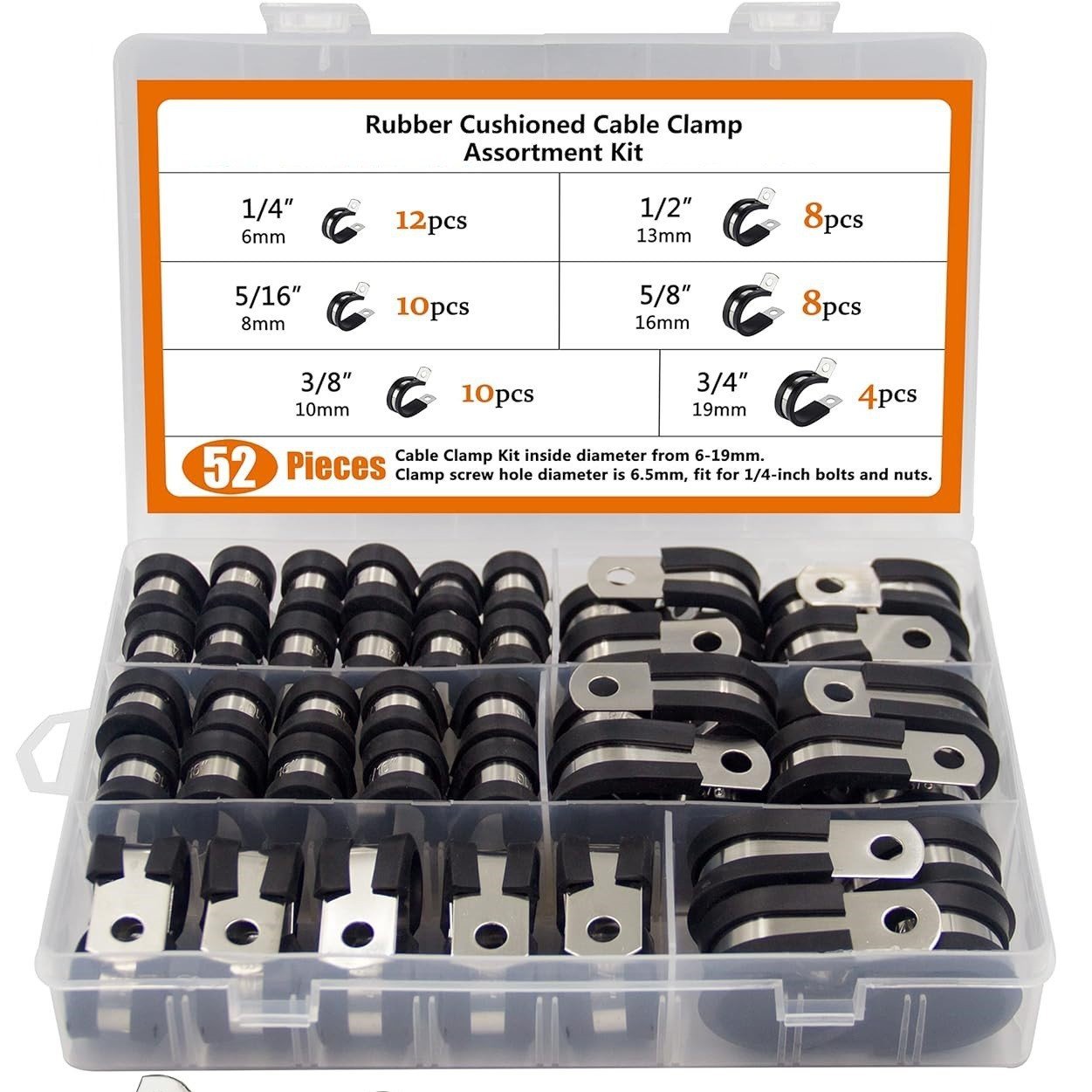 🚗🛠️52Pcs 304 Stainless Steel Rubber Cushioned Cable Pipe Clamp Assortment Kit