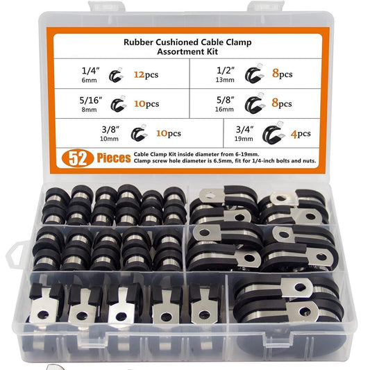 🚗🛠️52Pcs 304 Stainless Steel Rubber Cushioned Cable Pipe Clamp Assortment Kit