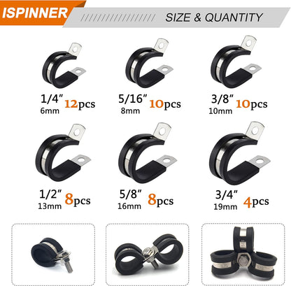 🚗🛠️52Pcs 304 Stainless Steel Rubber Cushioned Cable Pipe Clamp Assortment Kit