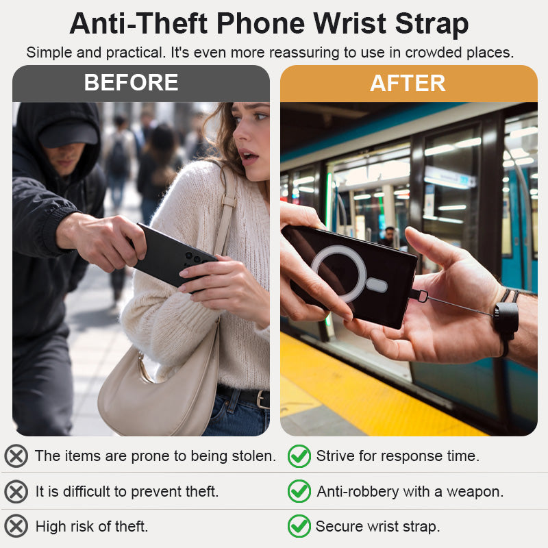 Before and after using anti theft phone wrist strap