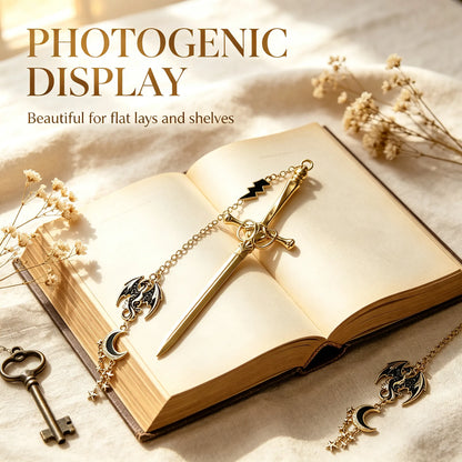 ⚔️Fantasy Sword Metal Bookmark With Dragon & Moon Charms📚