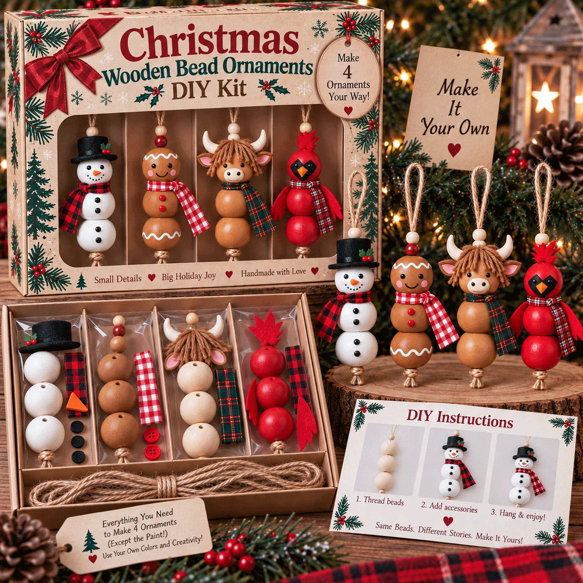 🎄 Christmas Wooden Bead Ornament DIY Kit – Set of 4