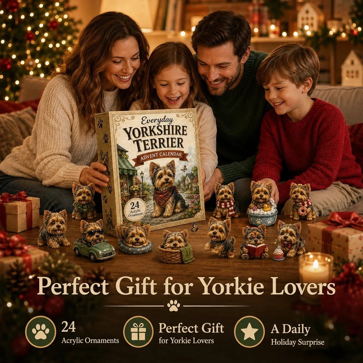 🎄💥Yorkshire Terrier Advent Calendar – 24 Unique Yorkie Acrylic Ornaments & Daily Christmas Surprises