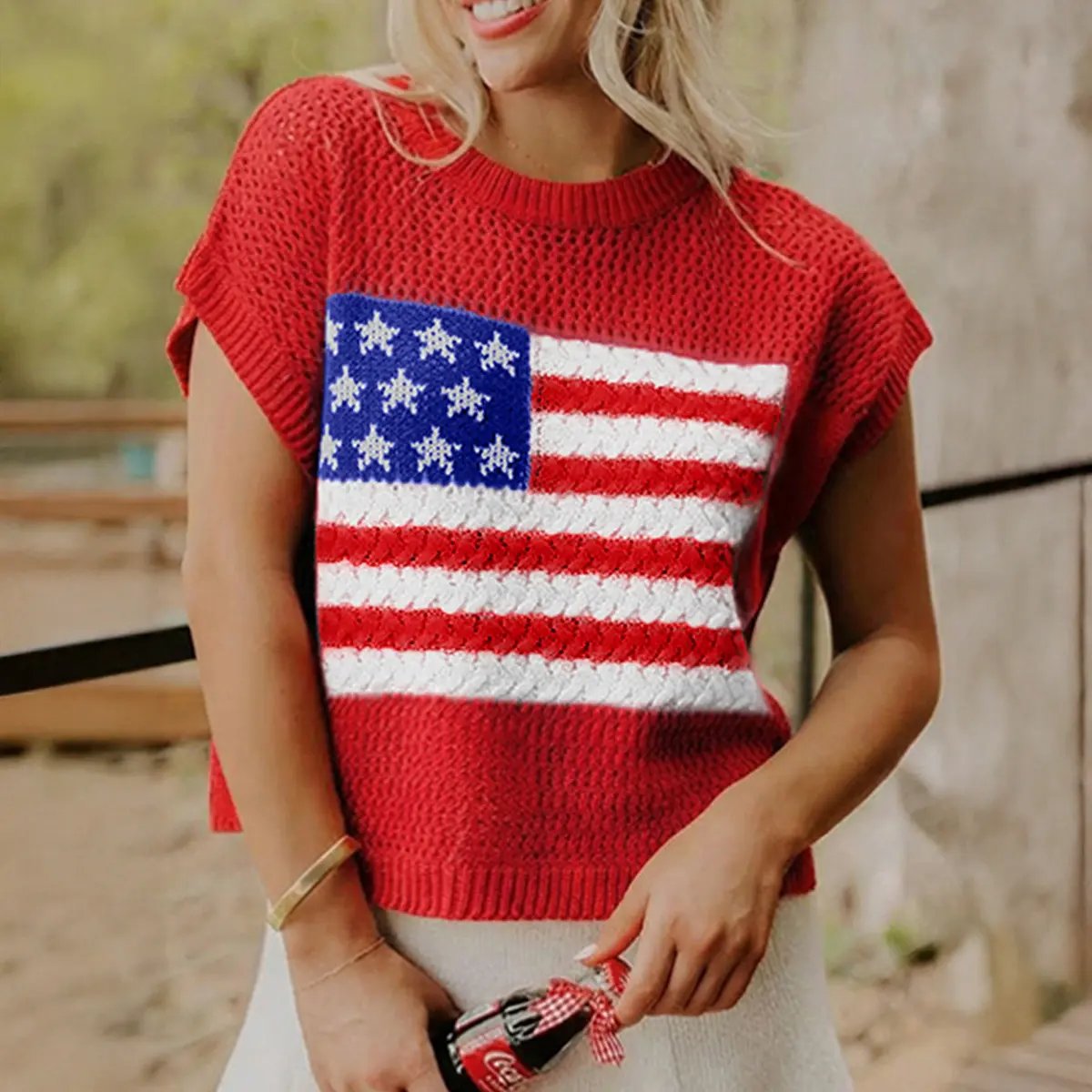 🔥Women's Flag Graphic Hollow Out Short Sleeve Top