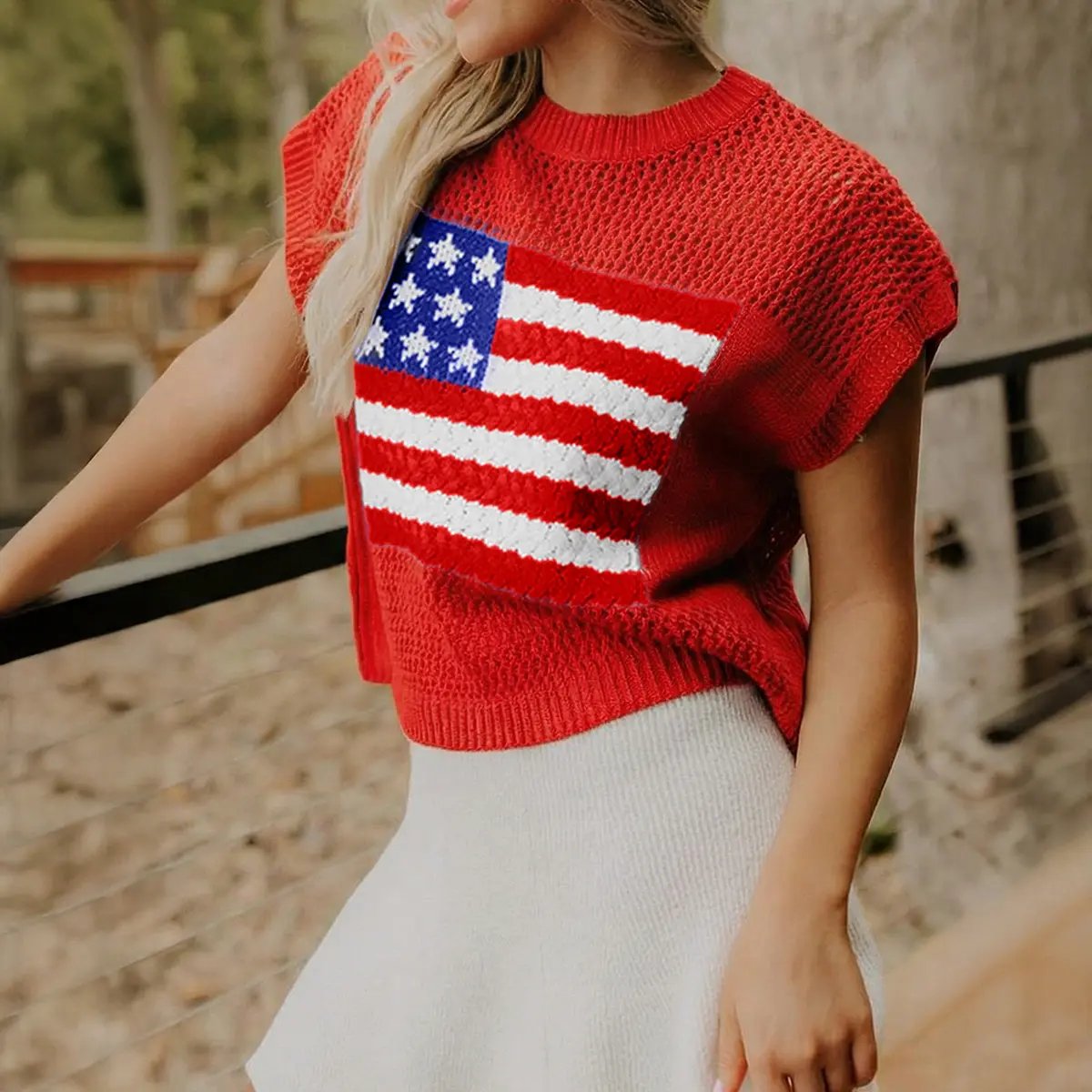 🔥Women's Flag Graphic Hollow Out Short Sleeve Top