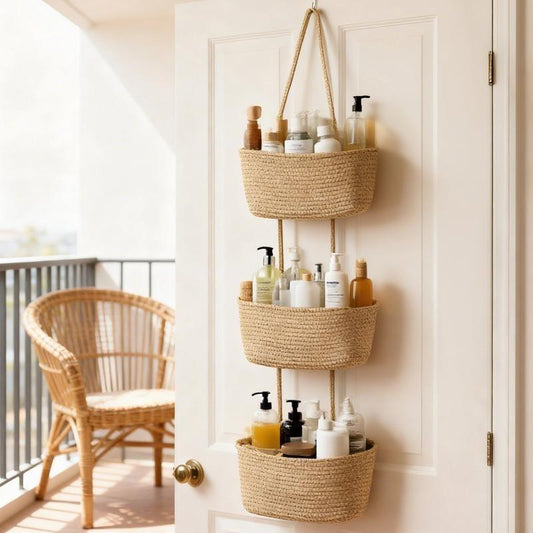 💥🏆Woven cotton 3-Tier Over the Door Basket, Wall-Mounted Jute Storage Organizer