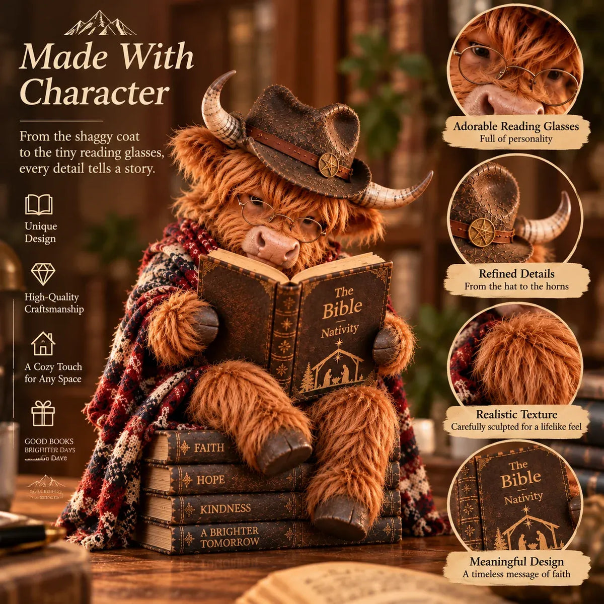 🐮 Highland Cow Bible Nativity Figurine | Bookish Christmas Faith Décor for Shelves, Desks & Meaningful Gifts 🎄