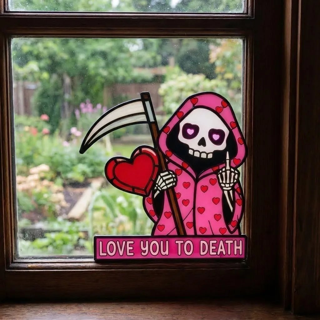 "Love You To Death" Grim Reaper Window Corner Suncatcher | Pastel Goth Valentine's Decor