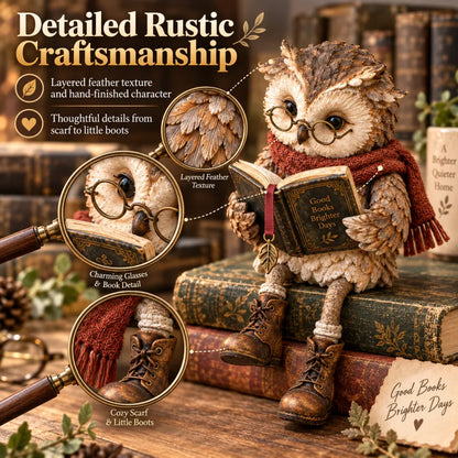 🦉 Reading Owl Figurine – Whimsical Bookish Shelf Sitter With Glasses & Dangling Boots