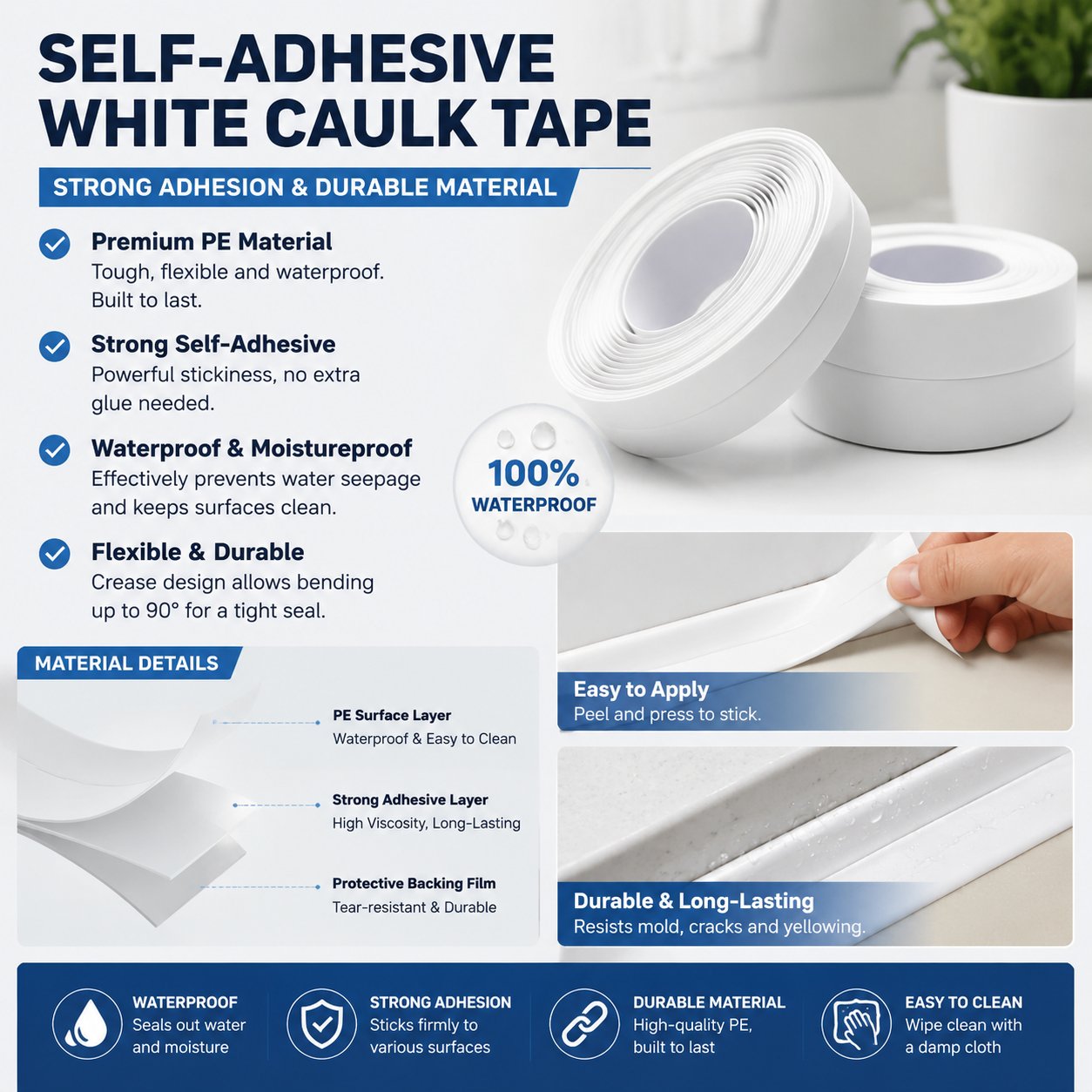 🚰 Self-Adhesive White Caulk Tape – PE Waterproof Sealant Strip, 5M Length, Strong Adhesion, Easy-to-Apply for Bathroom & Kitchen Edge Protection