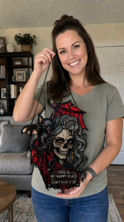 🦇💀Gothic Skull & Bat “My Happy Place” Hanging Art – Dark Humor Wall Decor
