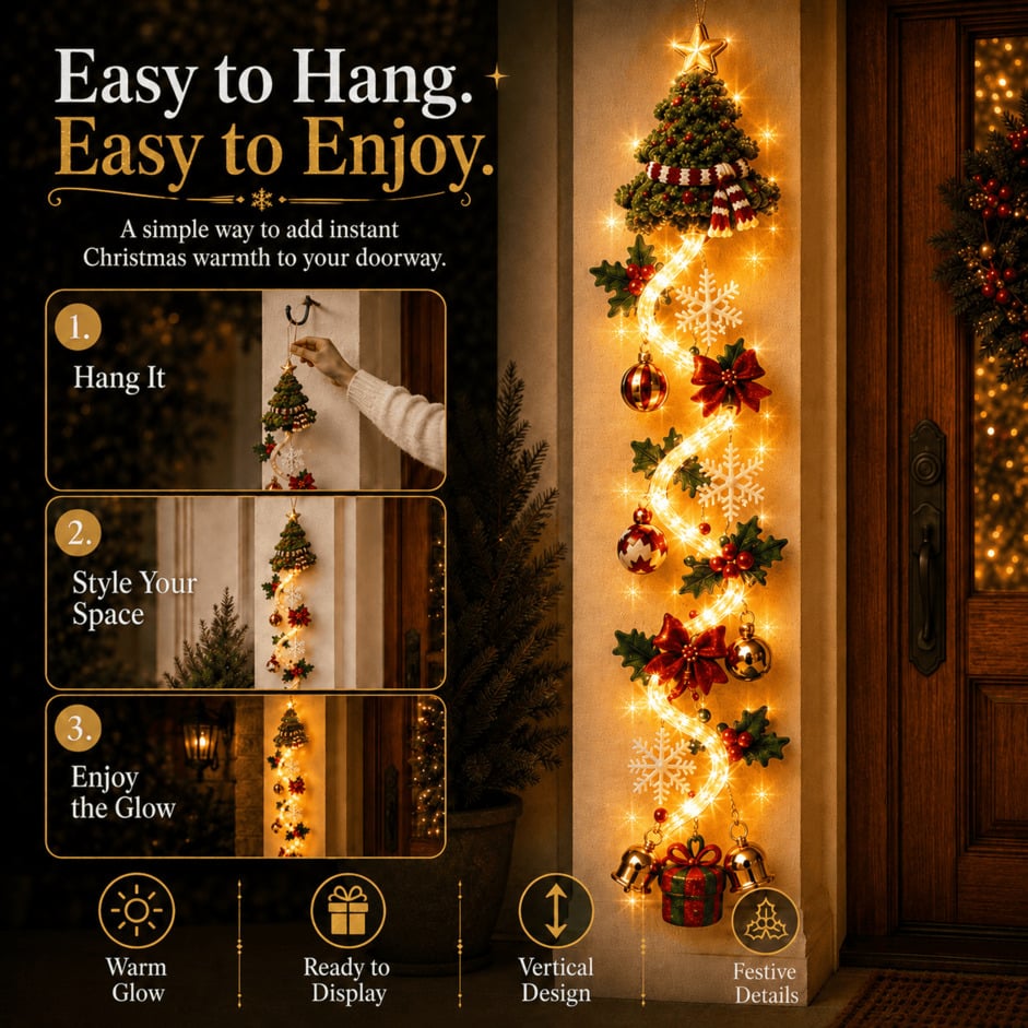 🎄Christmas Door Hanger | 6 Festive Lighted Designs with Warm Glow, Dimensional Details & Space-Saving Vertical Décor ✨