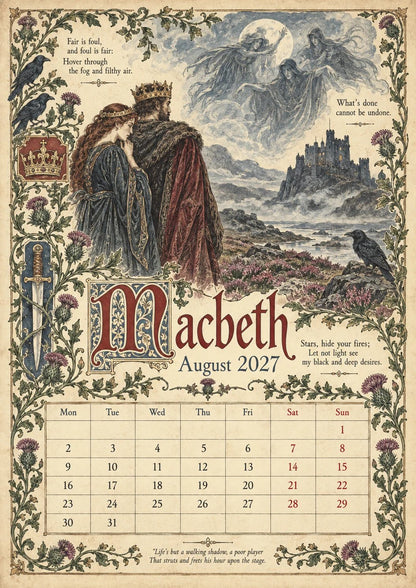 A Shakespearean Year 2027 – 12 Plays Through the Seasons | Vintage Illustrated Wall Calendar