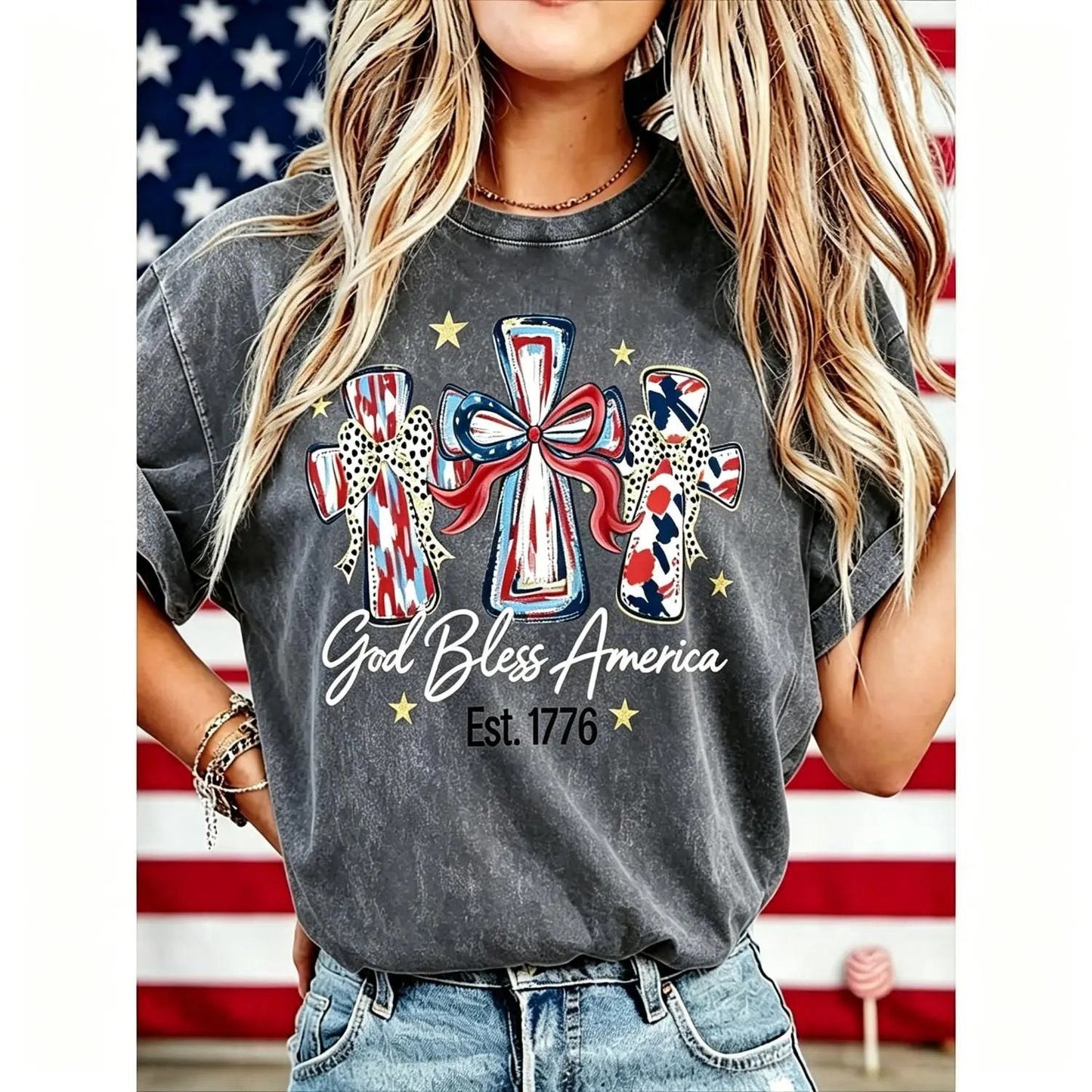 ⭐ God Bless America Women  T-Shirt - Vintage 250th Anniversary USA Gift Tee🎆