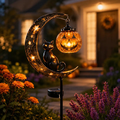 ☀️Solar Halloween Black Cat & 🎃Pumpkin Moon Garden Stake Light