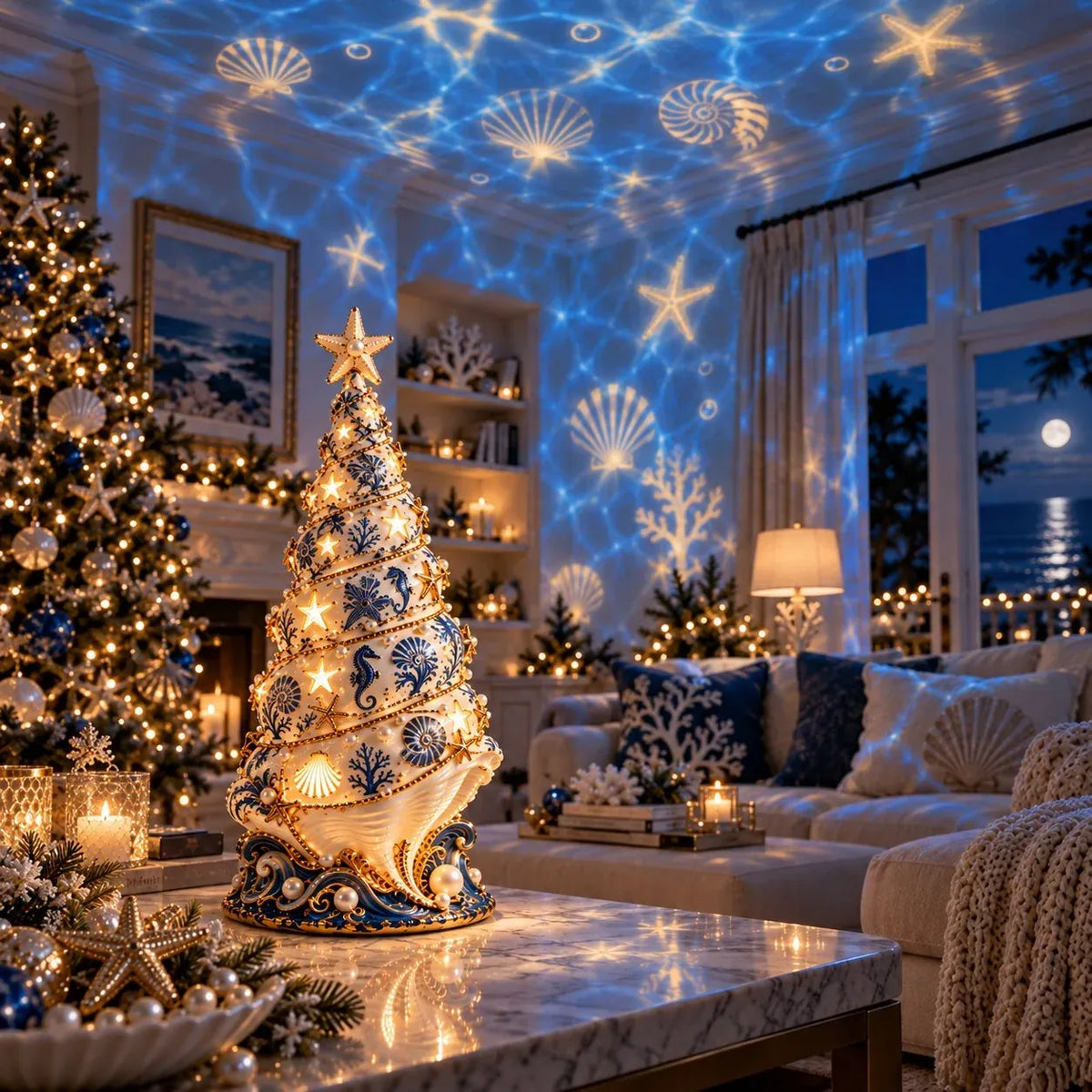 🌊 Coastal Christmas Seashell Tree Projection Lamp | Warm Glow & Ocean-Inspired Holiday Projection ✨