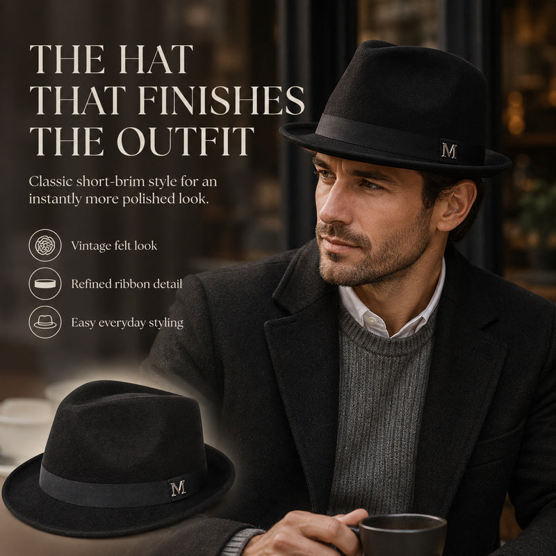 Premium Felt Short-Brim Trilby Hat – Unisex Classic with Metal Accent, 10 Colors