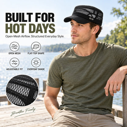 Breathable Open-Mesh Flat-Top Cap – Adjustable Metal Buckle, Unisex Military Style Hat