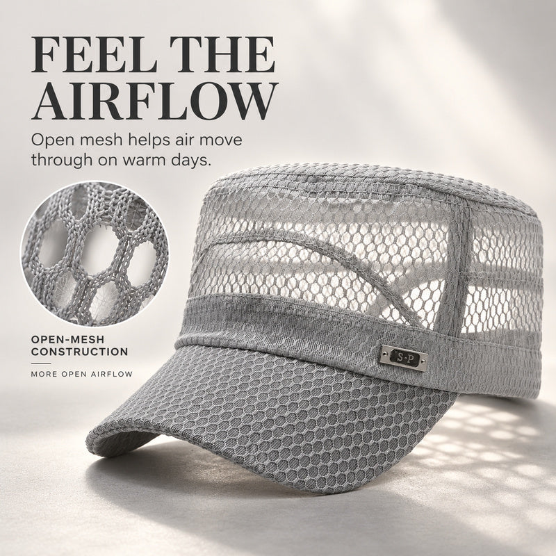 Breathable Open-Mesh Flat-Top Cap – Adjustable Metal Buckle, Unisex Military Style Hat