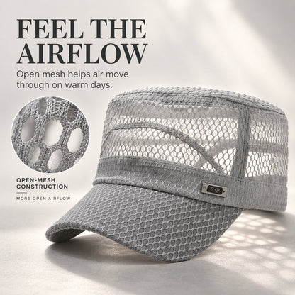 Breathable Open-Mesh Flat-Top Cap – Adjustable Metal Buckle, Unisex Military Style Hat
