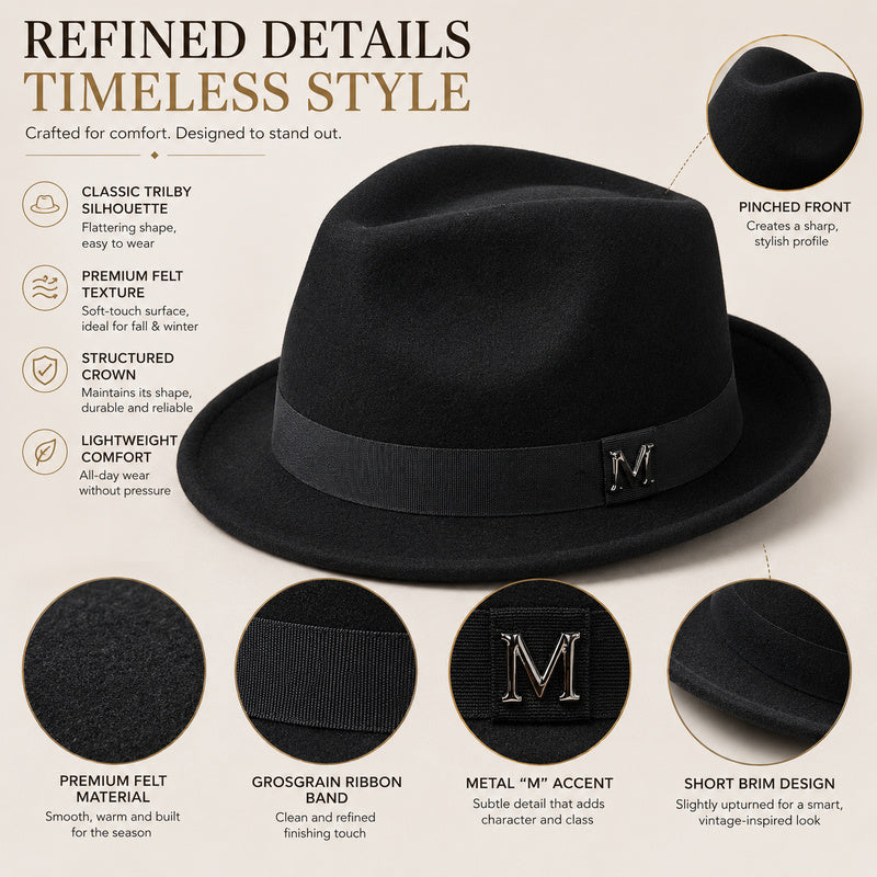 Premium Felt Short-Brim Trilby Hat – Unisex Classic with Metal Accent, 10 Colors