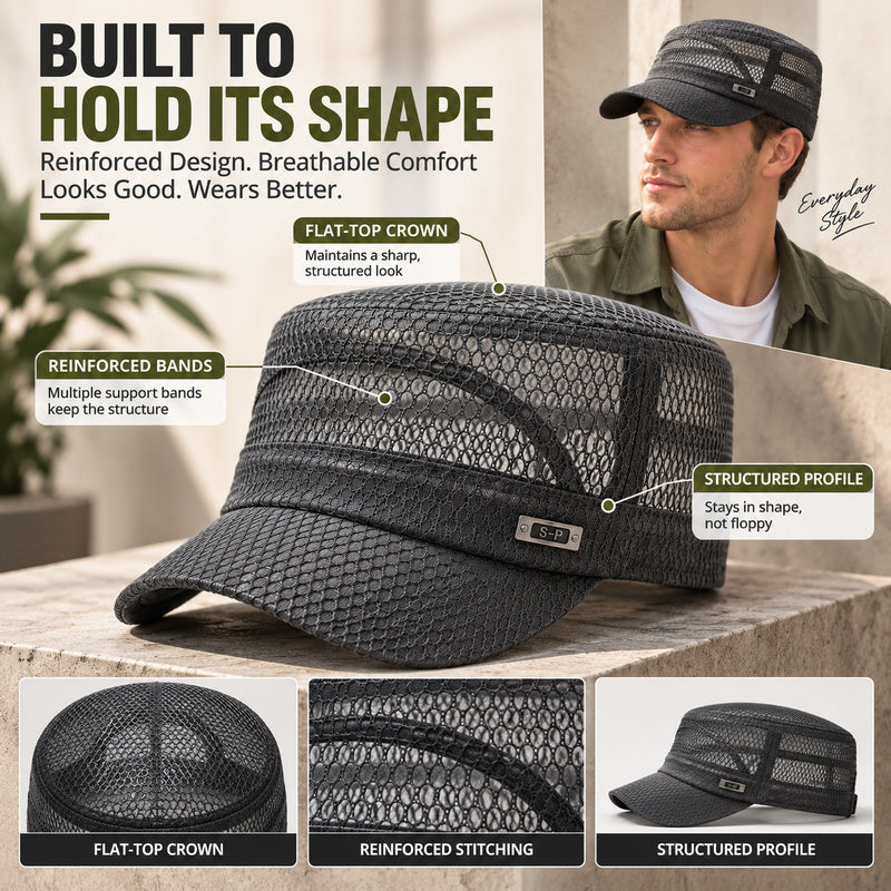 Breathable Open-Mesh Flat-Top Cap – Adjustable Metal Buckle, Unisex Military Style Hat