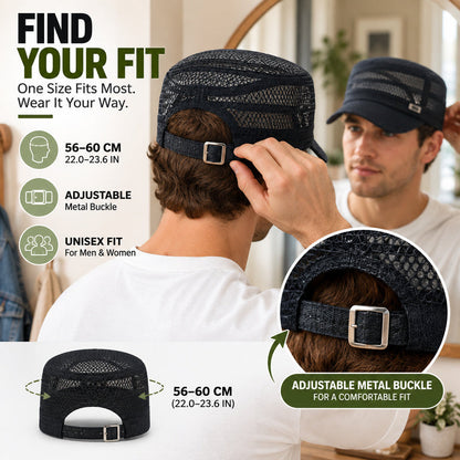 Breathable Open-Mesh Flat-Top Cap – Adjustable Metal Buckle, Unisex Military Style Hat