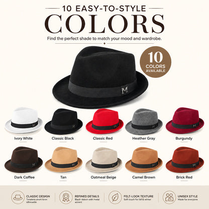 Premium Felt Short-Brim Trilby Hat – Unisex Classic with Metal Accent, 10 Colors