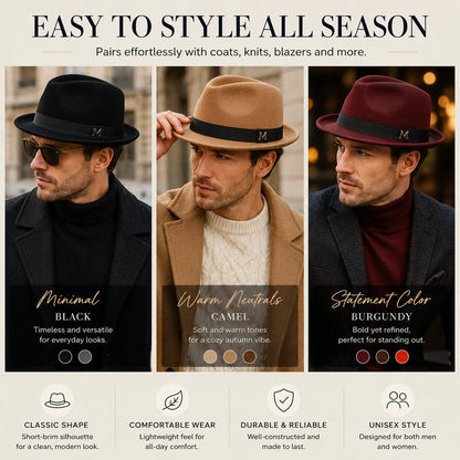 Premium Felt Short-Brim Trilby Hat – Unisex Classic with Metal Accent, 10 Colors