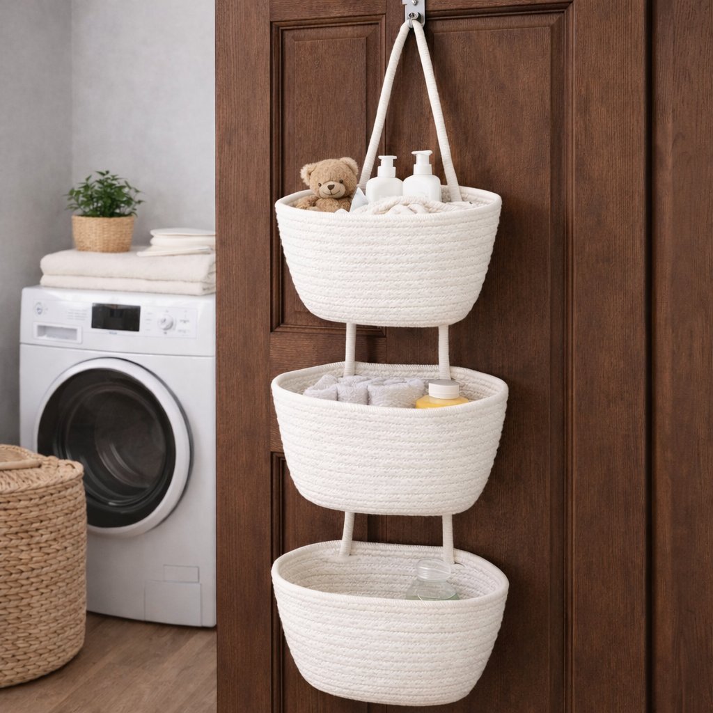 💥🏆Woven cotton 3-Tier Over the Door Basket, Wall-Mounted Jute Storage Organizer