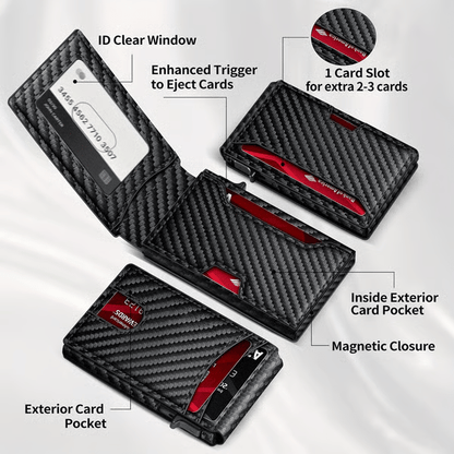 💼🔒Premium Aluminum RFID Blocking Minimalist Wallet for Men - Pop-Up Card Access, Money Clip & ID Window