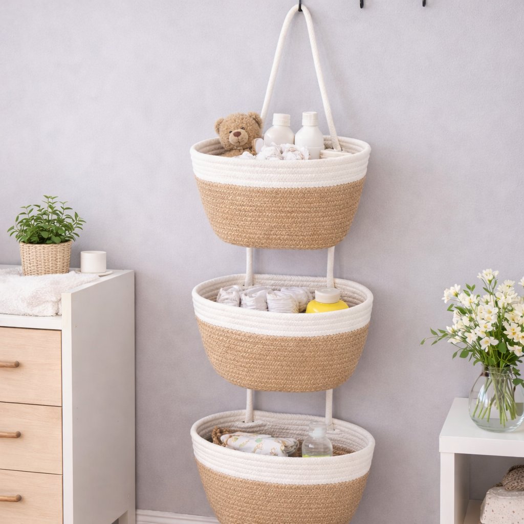 💥🏆Woven cotton 3-Tier Over the Door Basket, Wall-Mounted Jute Storage Organizer