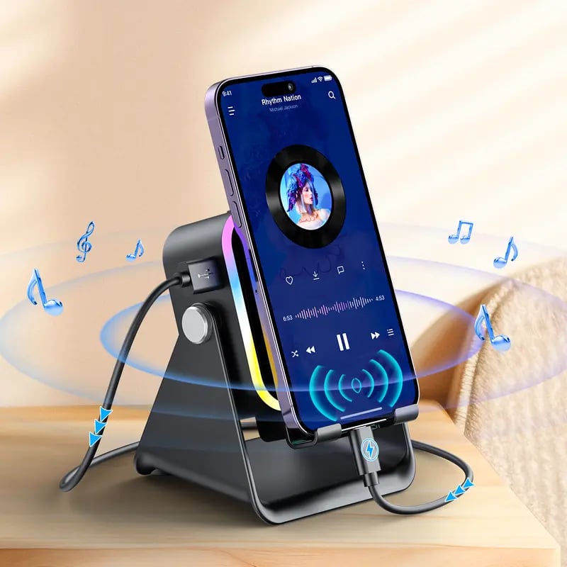 📱Wireless Induction Audio Speaker Stand, 5-in-1 Phone Stand, 1500mAh Rechargeable Emergency Power , 360° Adjustable Phone🔋