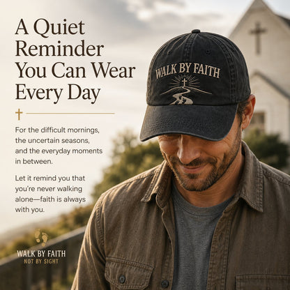 Man wearing Walk By Faith Christian embroidered cap outside church
