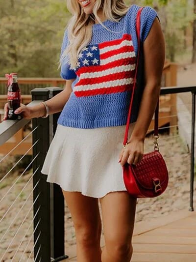 🔥Women's Flag Graphic Hollow Out Short Sleeve Top