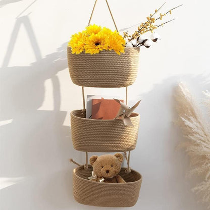 💥🏆Woven cotton 3-Tier Over the Door Basket, Wall-Mounted Jute Storage Organizer