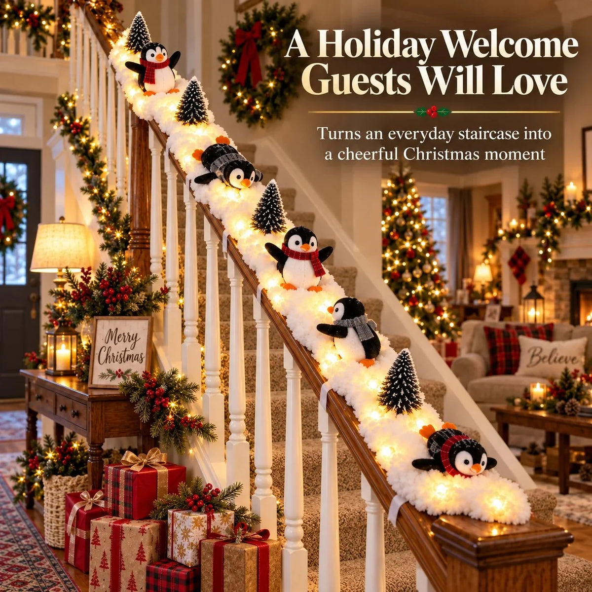 🔥Playful Penguin Snowy Stair Railing Decor