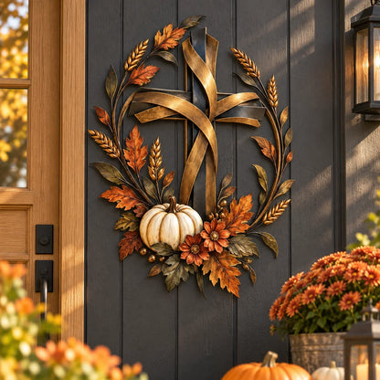 ✝️🍂 Autumn Cross & Pumpkin Harvest Metal Wall Decor (📦buy 2 Free Shipping)