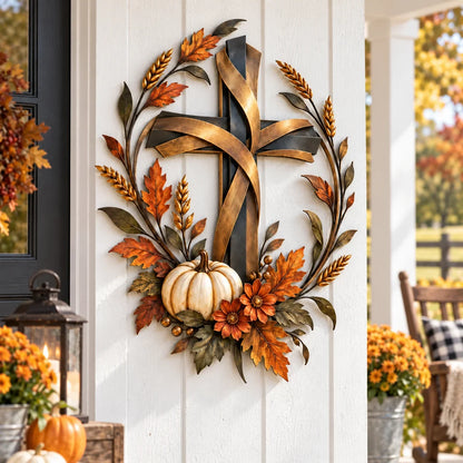 ✝️🍂 Autumn Cross & Pumpkin Harvest Metal Wall Decor (📦buy 2 Free Shipping)