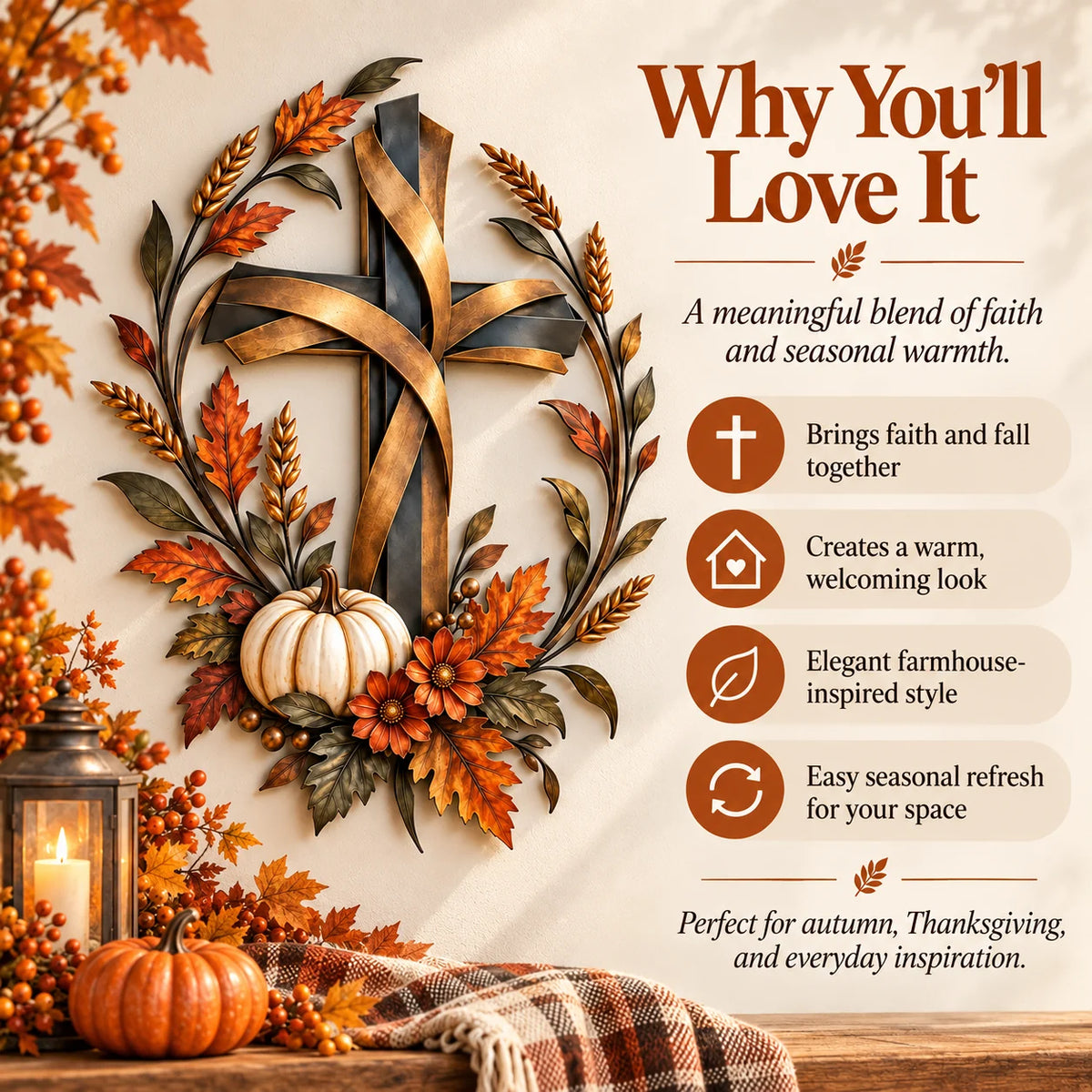 ✝️🍂 Autumn Cross & Pumpkin Harvest Metal Wall Decor (📦buy 2 Free Shipping)