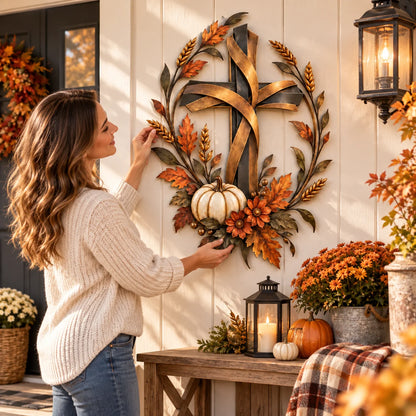 ✝️🍂 Autumn Cross & Pumpkin Harvest Metal Wall Decor (📦buy 2 Free Shipping)