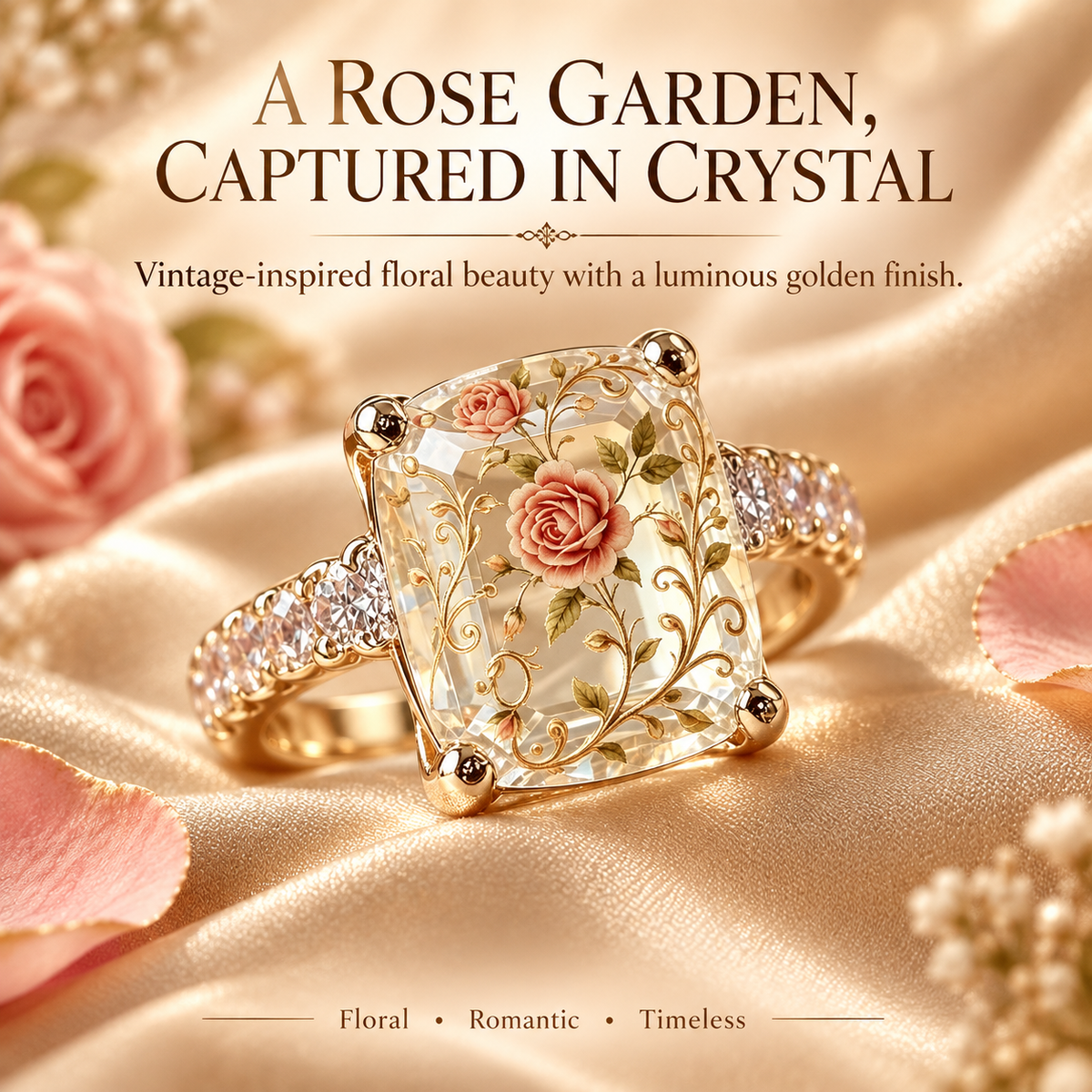 Vintage Rose Floral Statement Ring with Gold-Tone Band