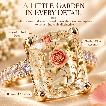 Vintage Rose Floral Statement Ring with Gold-Tone Band