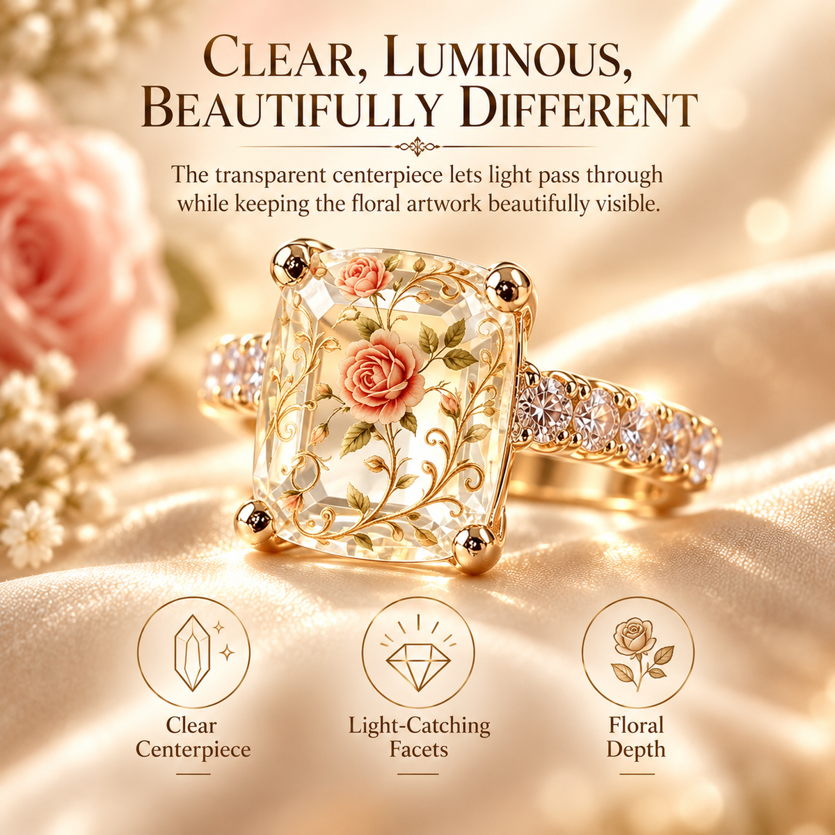 Vintage Rose Floral Statement Ring with Gold-Tone Band