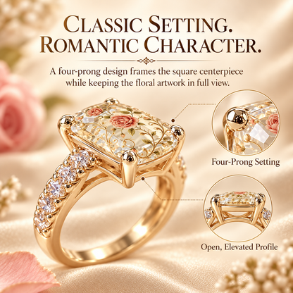 Vintage Rose Floral Statement Ring with Gold-Tone Band