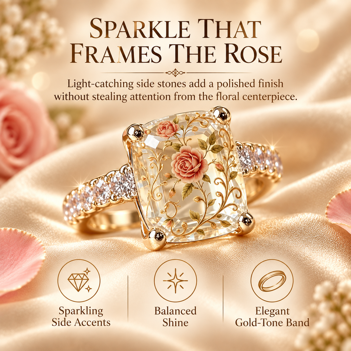 Vintage Rose Floral Statement Ring with Gold-Tone Band