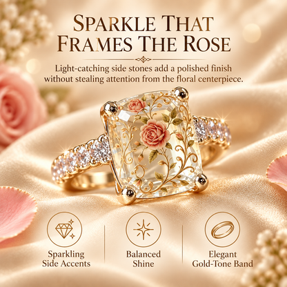 Vintage Rose Floral Statement Ring with Gold-Tone Band