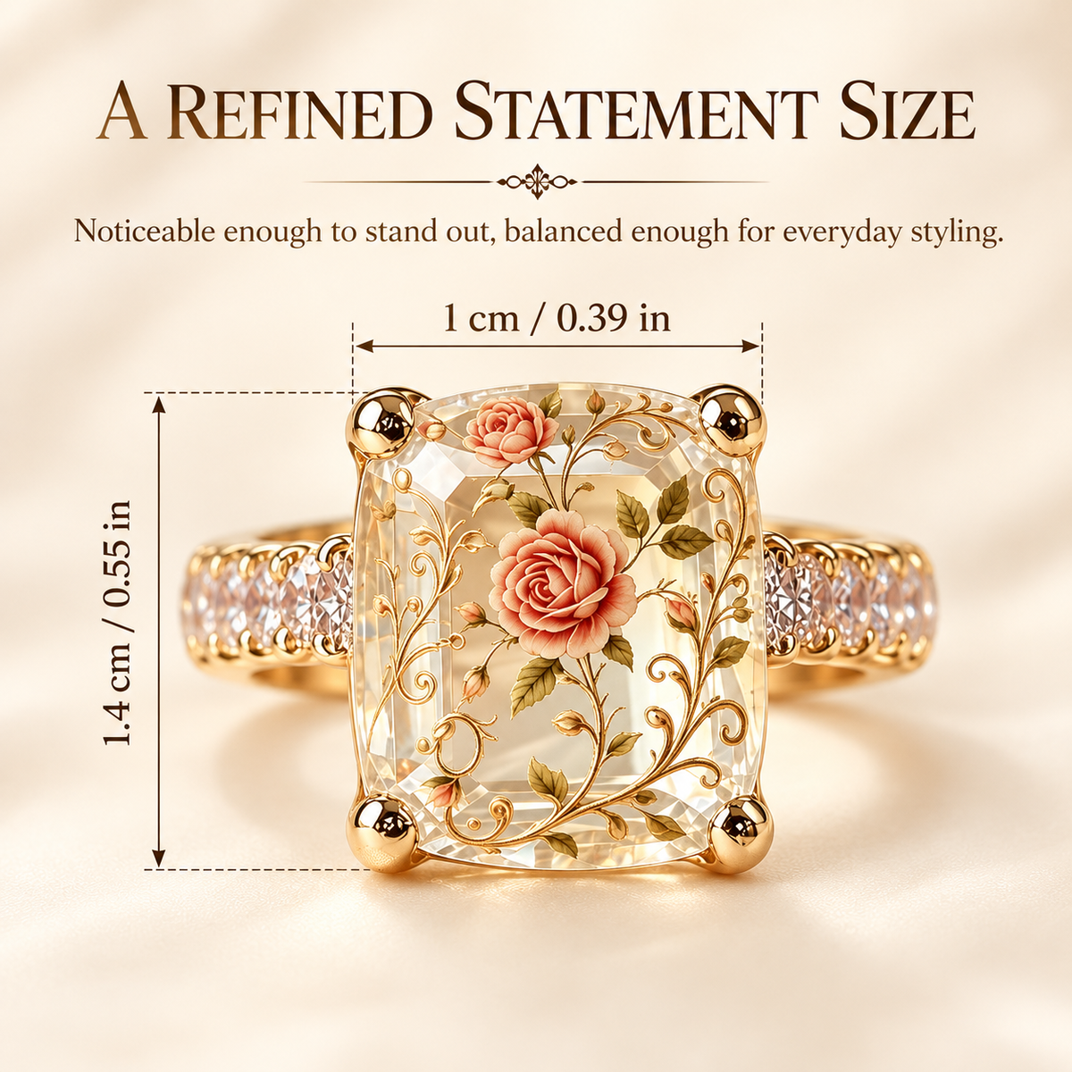 Vintage Rose Floral Statement Ring with Gold-Tone Band